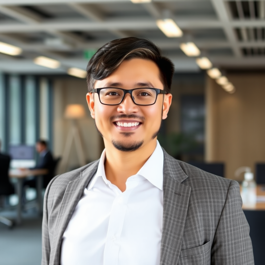 Professional headshot of chief editor wearing business attire in modern office setting