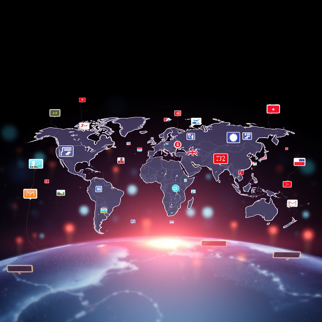 Global news coverage showing world map with news icons and digital information flow representing international journalism and breaking news updates