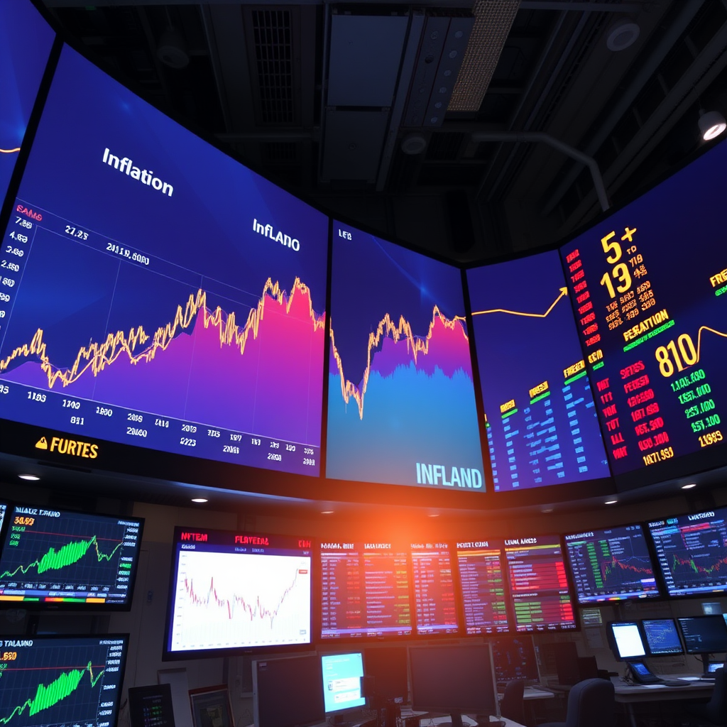 Global economic markets showing inflation trends with rising charts, currency symbols, and financial data displays across multiple screens in a modern trading floor environment