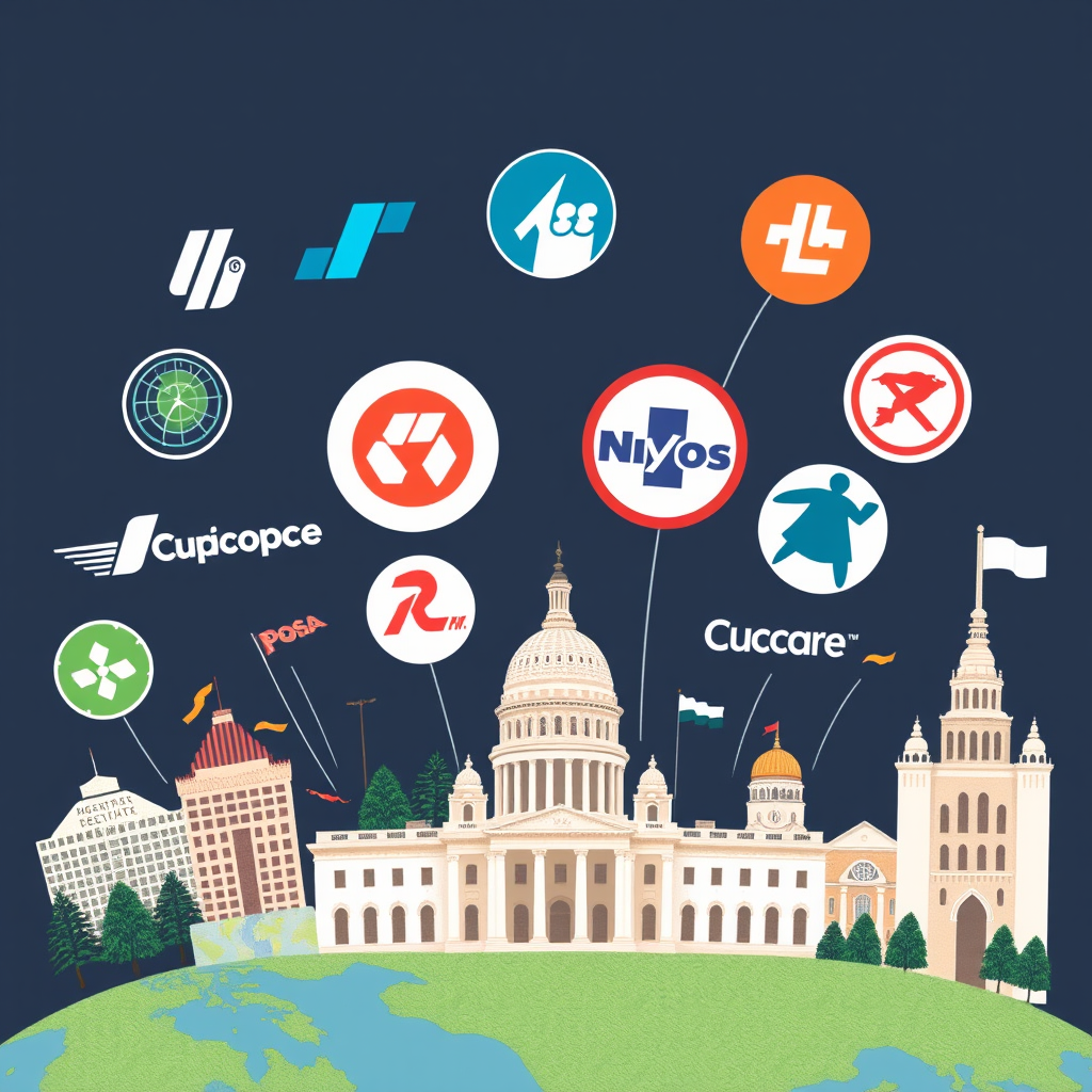Illustration showing major technology company logos with regulatory symbols and government buildings from different continents representing global regulatory challenges