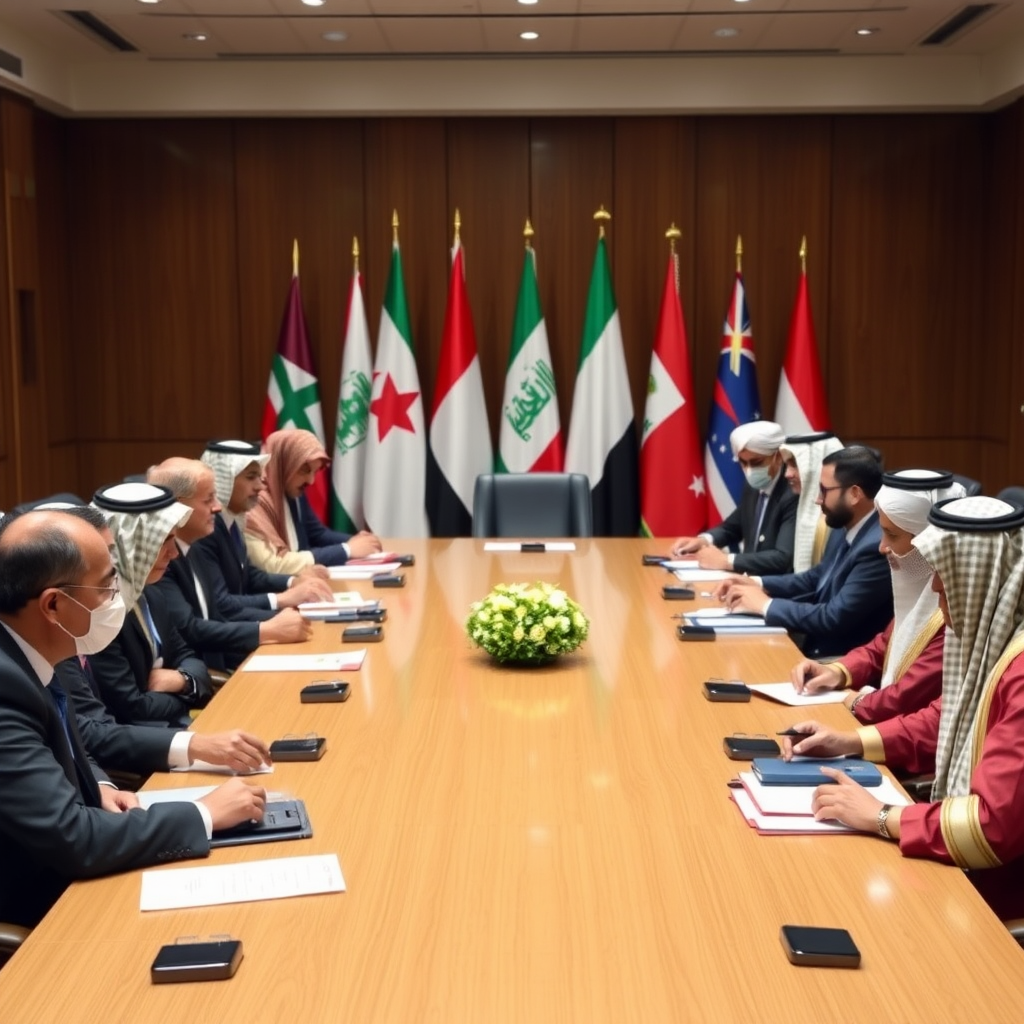 Diplomatic representatives from various Middle Eastern nations seated around a large conference table in a formal meeting room, with flags of different countries displayed in the background, symbolizing ongoing peace negotiations and international mediation efforts