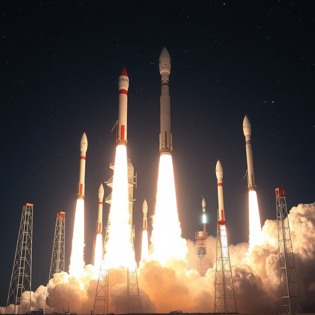 Multiple private space company rockets launching simultaneously against a starry night sky, showcasing the new era of commercial space exploration with sleek modern spacecraft designs