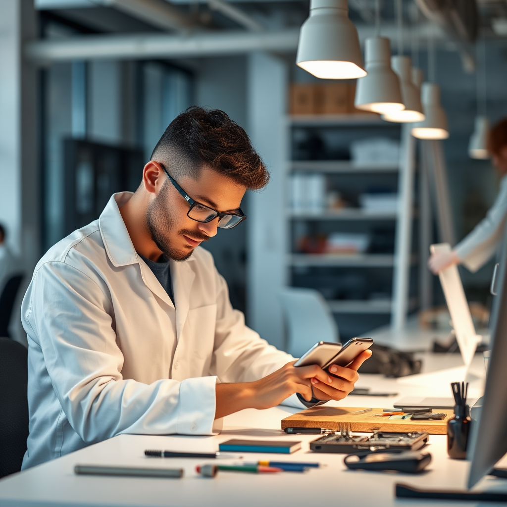 Technology specialist working with mobile devices and repair tools in modern workspace