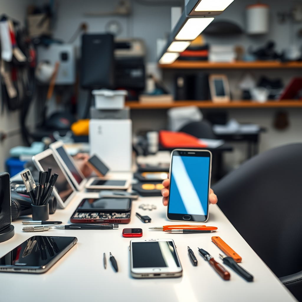 Professional mobile device repair workspace with smartphones, tablets, and repair tools showcasing technical expertise and quality service