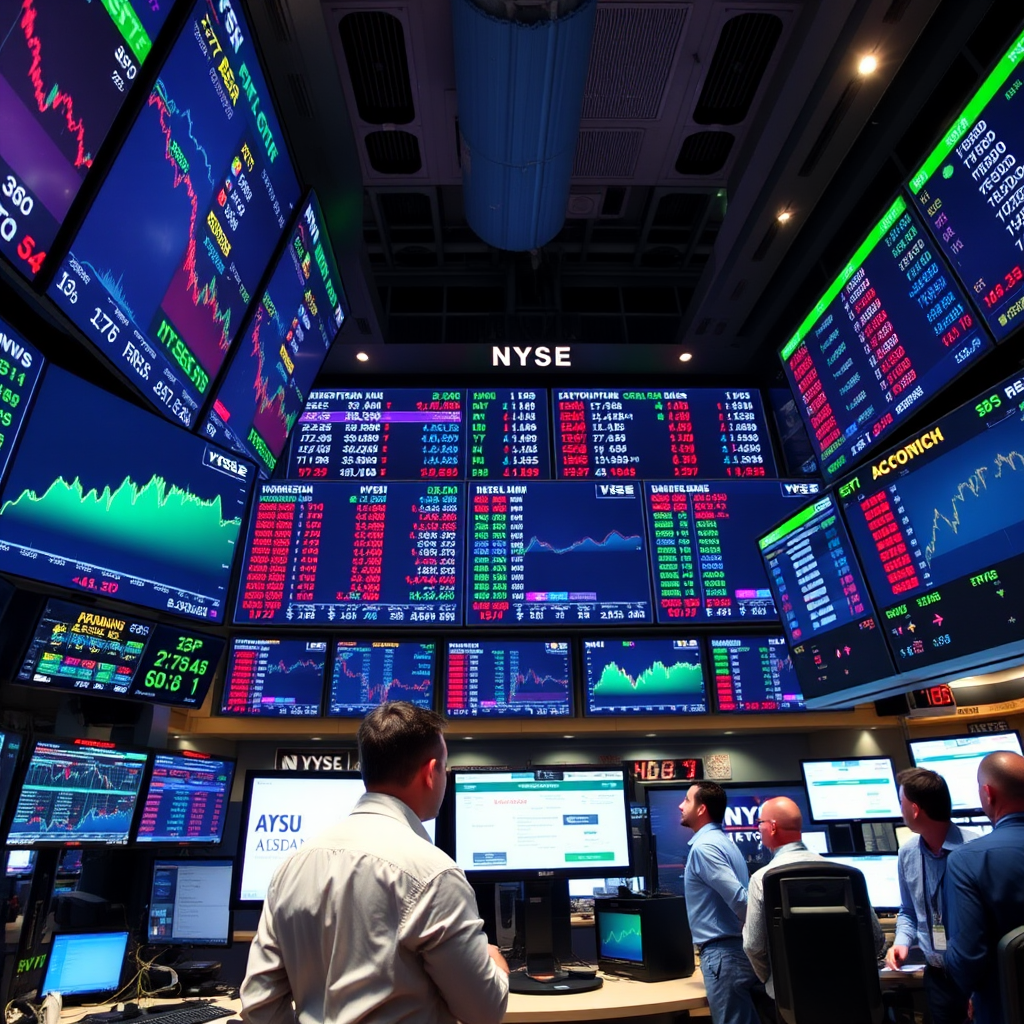 Financial trading floor with multiple screens showing stock market data, currency exchange rates, and economic indicators with traders analyzing global market trends