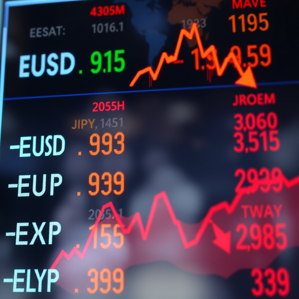 Currency exchange rate displays showing major world currencies including USD, EUR, GBP, and JPY with fluctuating values and trend arrows indicating market volatility