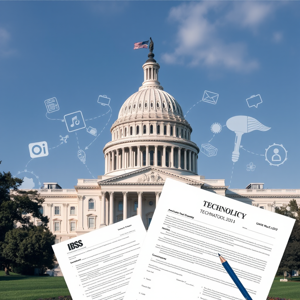 US Capitol building with technology symbols and regulatory documents representing American antitrust investigations against tech companies