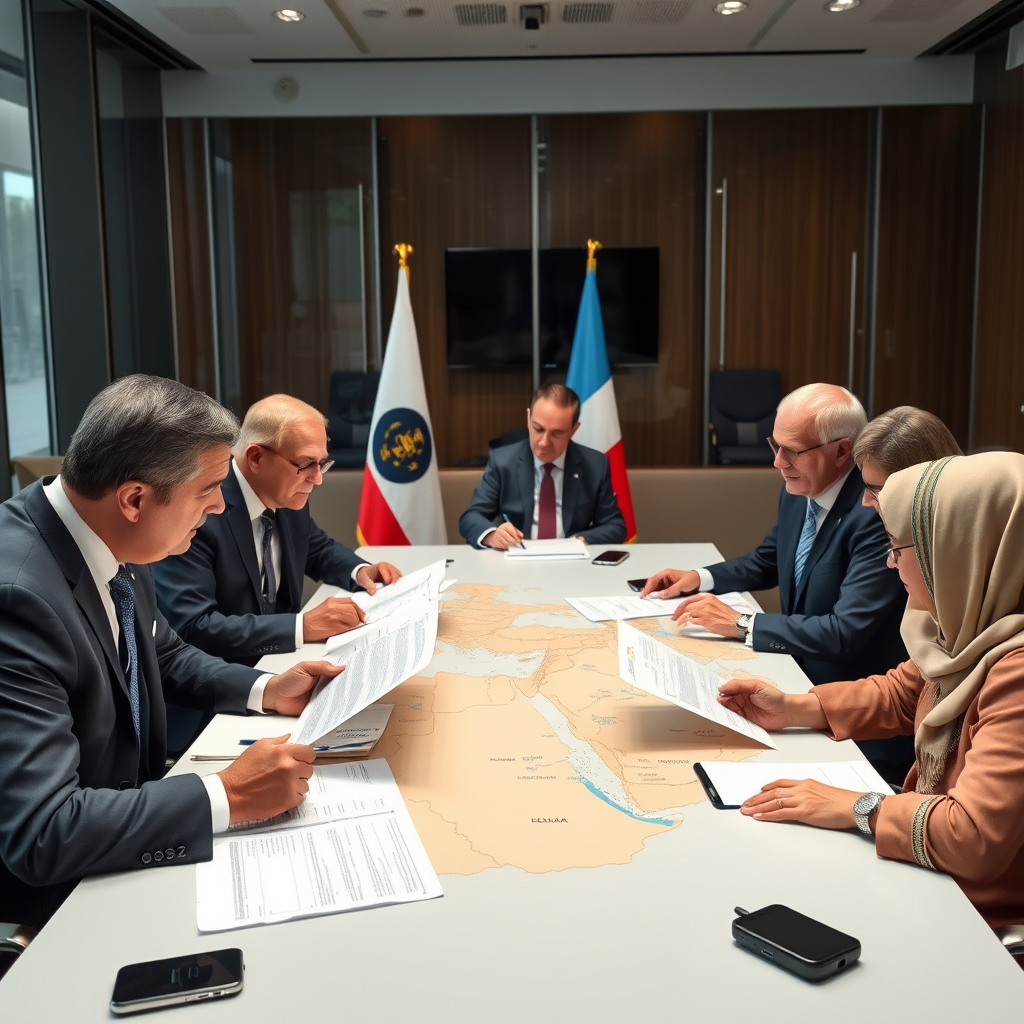 International diplomatic mediators from the United Nations and major world powers meeting in a modern conference facility, reviewing documents and maps of the Middle East region while facilitating peace negotiations