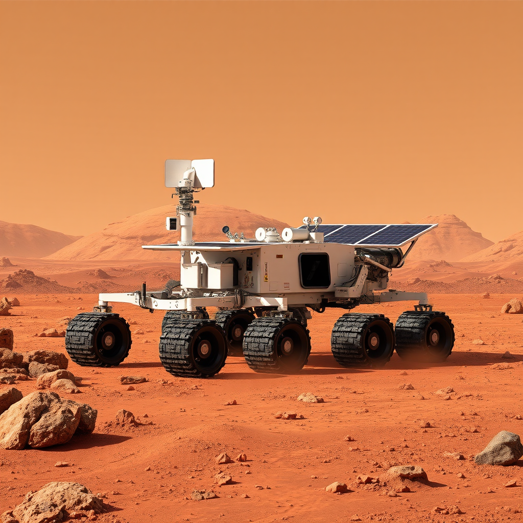 Advanced private company Mars rover exploring the red planet surface with solar panels and scientific equipment, surrounded by Martian landscape and rocky terrain