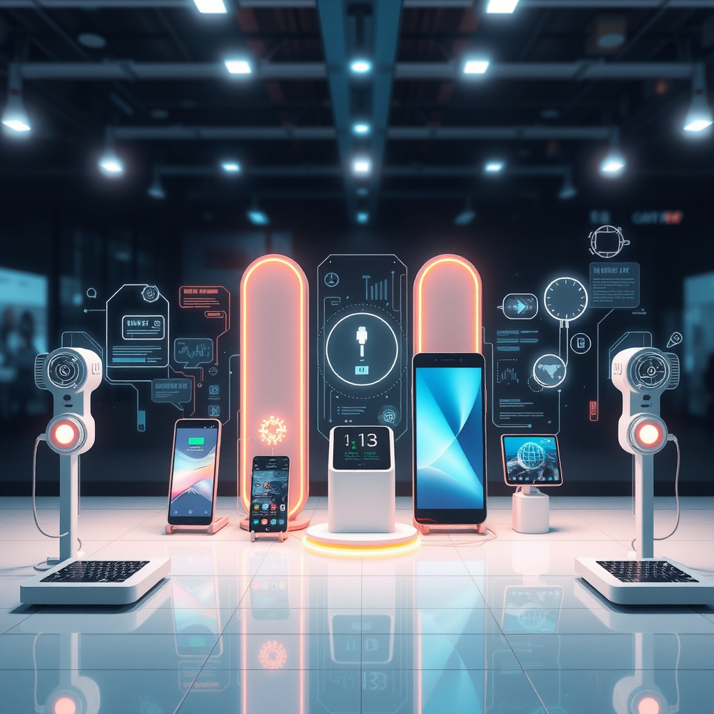 Modern technology innovation concept with digital devices, charging stations, and futuristic interface elements representing technological advancement