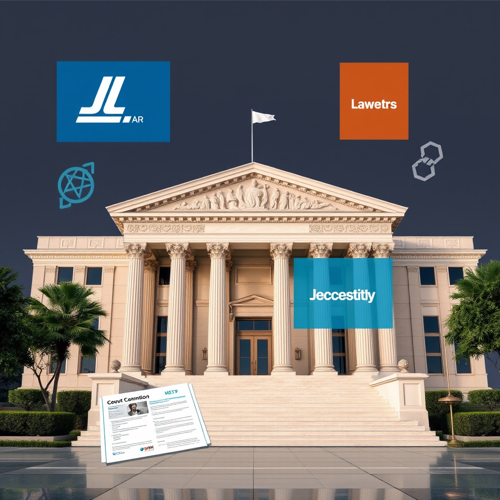Modern courthouse with technology company logos and regulatory documents, depicting the intersection of law and technology in global regulatory challenges