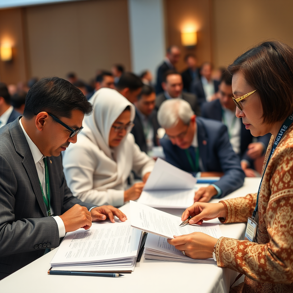 Government officials and environmental scientists reviewing climate policy documents and implementation strategies at the summit