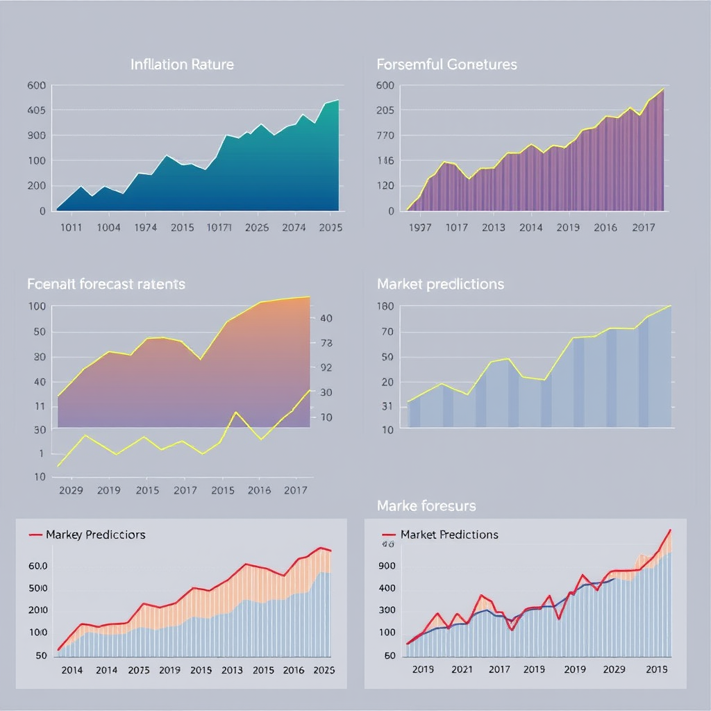 Economic forecast charts and graphs showing projected inflation rates, GDP growth, and market predictions for 2025 with various trend lines and statistical data visualizations