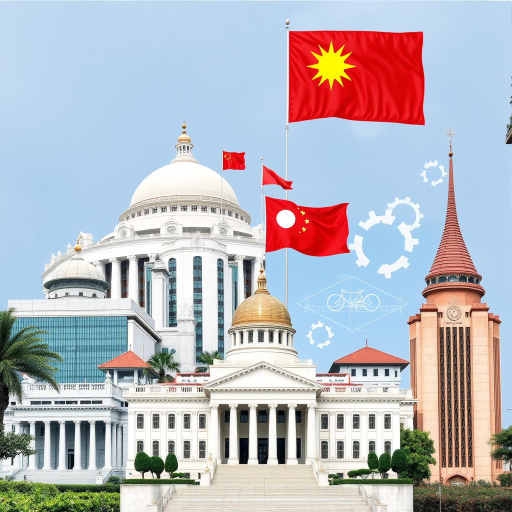 Collage of Asian government buildings and technology symbols representing diverse regulatory approaches across Asia-Pacific region