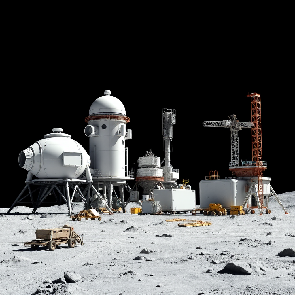 Futuristic lunar base construction site with private company spacecraft, robotic equipment, and modular habitat structures on the Moon's surface against the black space backdrop