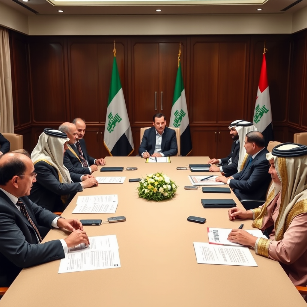 Diplomatic meeting room with representatives from Middle Eastern countries seated around a negotiation table with peace treaty documents and international mediators