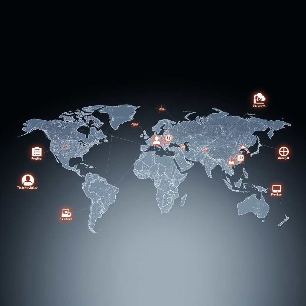 World map with interconnected digital networks and regulatory symbols showing global impact of tech regulation on digital transformation
