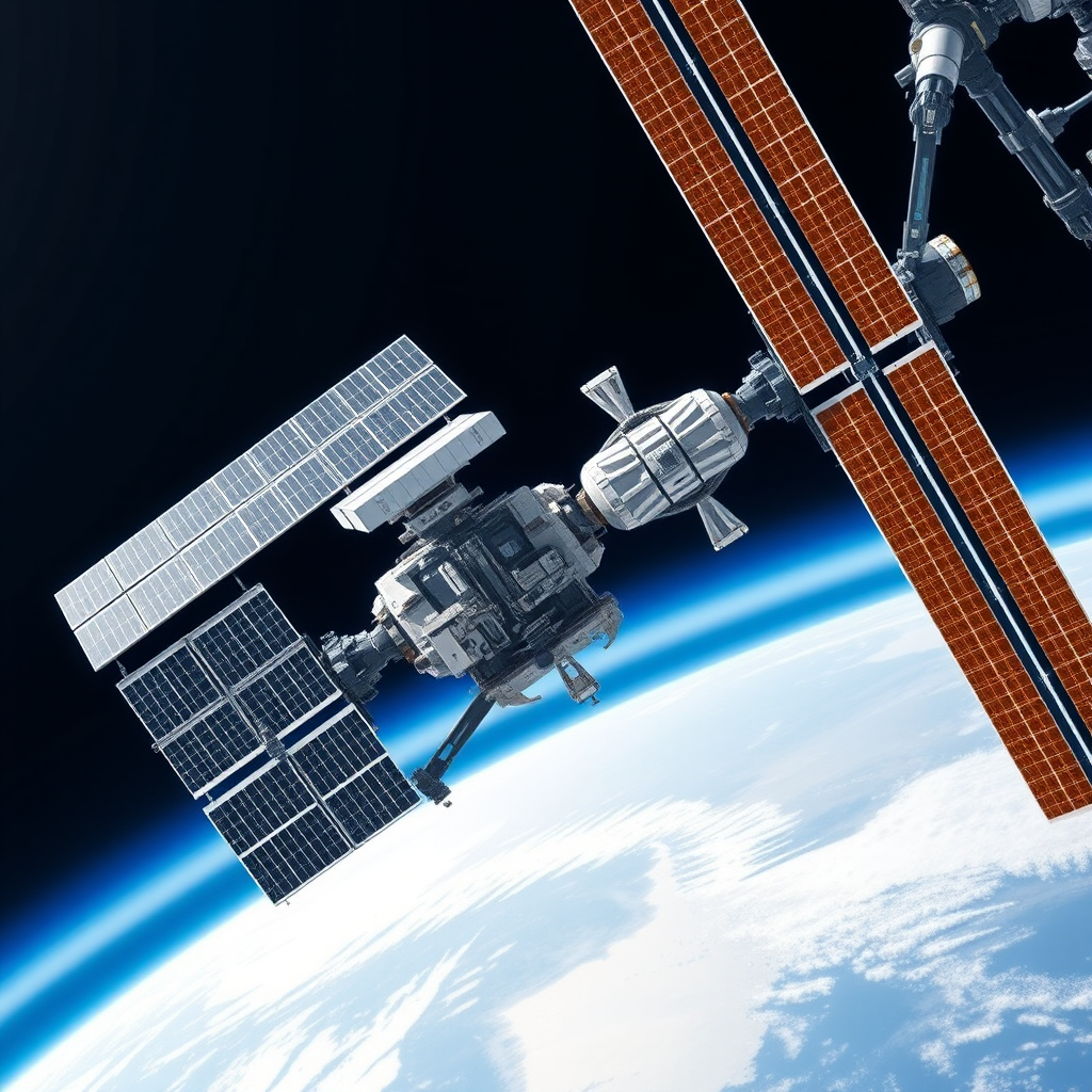 Modern commercial space station orbiting Earth with solar panels, docking ports, and research modules, showing Earth's blue atmosphere in the background