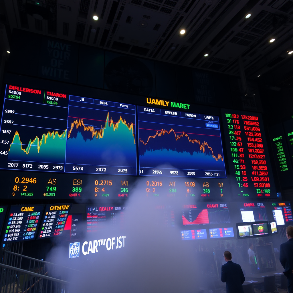 Global financial markets display showing economic data, inflation charts, currency exchange rates, and trading floor activity representing worldwide economic turbulence