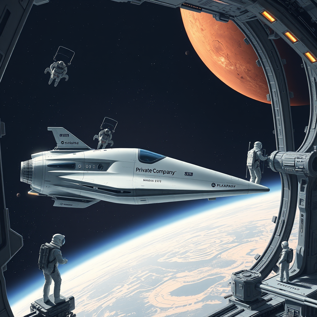 Futuristic space station with private company spacecraft docked, showing Mars in the background and astronauts conducting space exploration missions