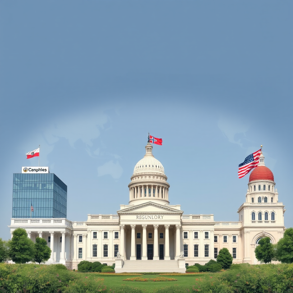 Technology companies headquarters and regulatory buildings across different continents showing antitrust investigations, data privacy enforcement, and digital policy changes